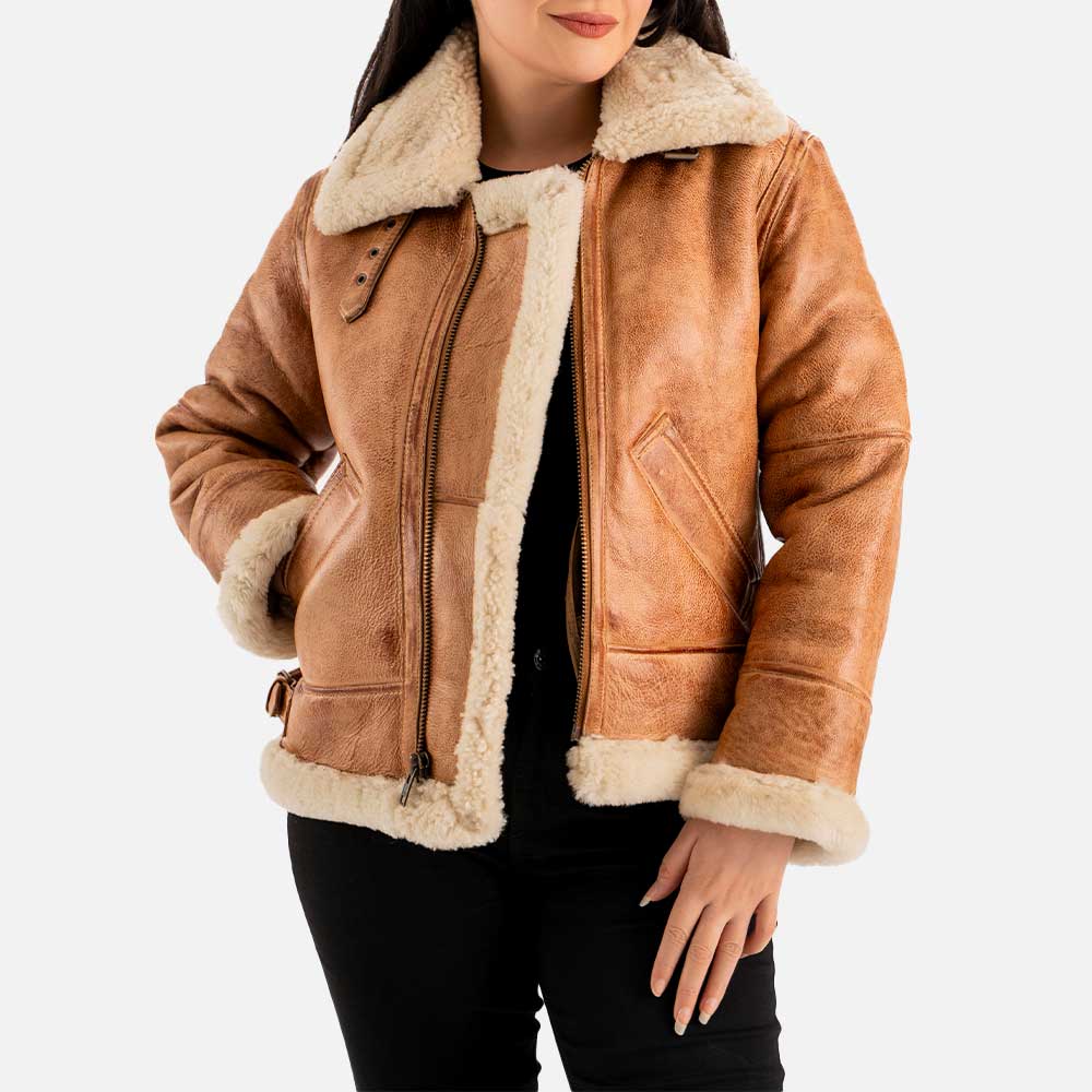 Freda B3 Tan Waxed Real Shearling Bomber Jacket