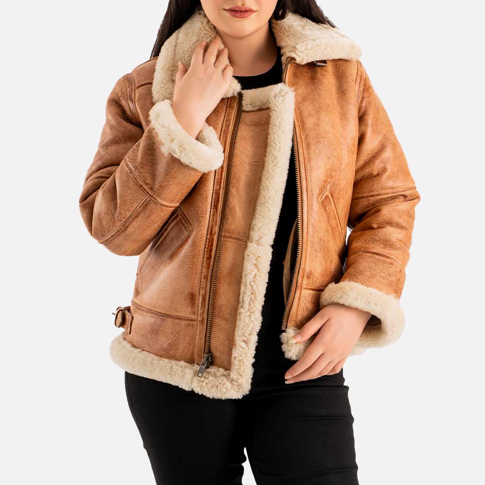 Freda B3 Tan Waxed Real Shearling Bomber Jacket
