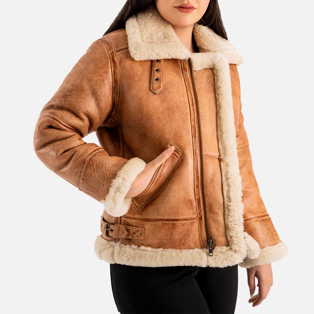 Freda B3 Tan Waxed Real Shearling Bomber Jacket