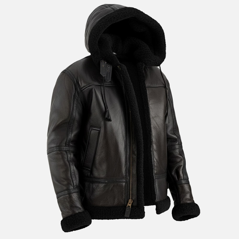 Livigno Black Hooded Real Shearling Bomber Jacket