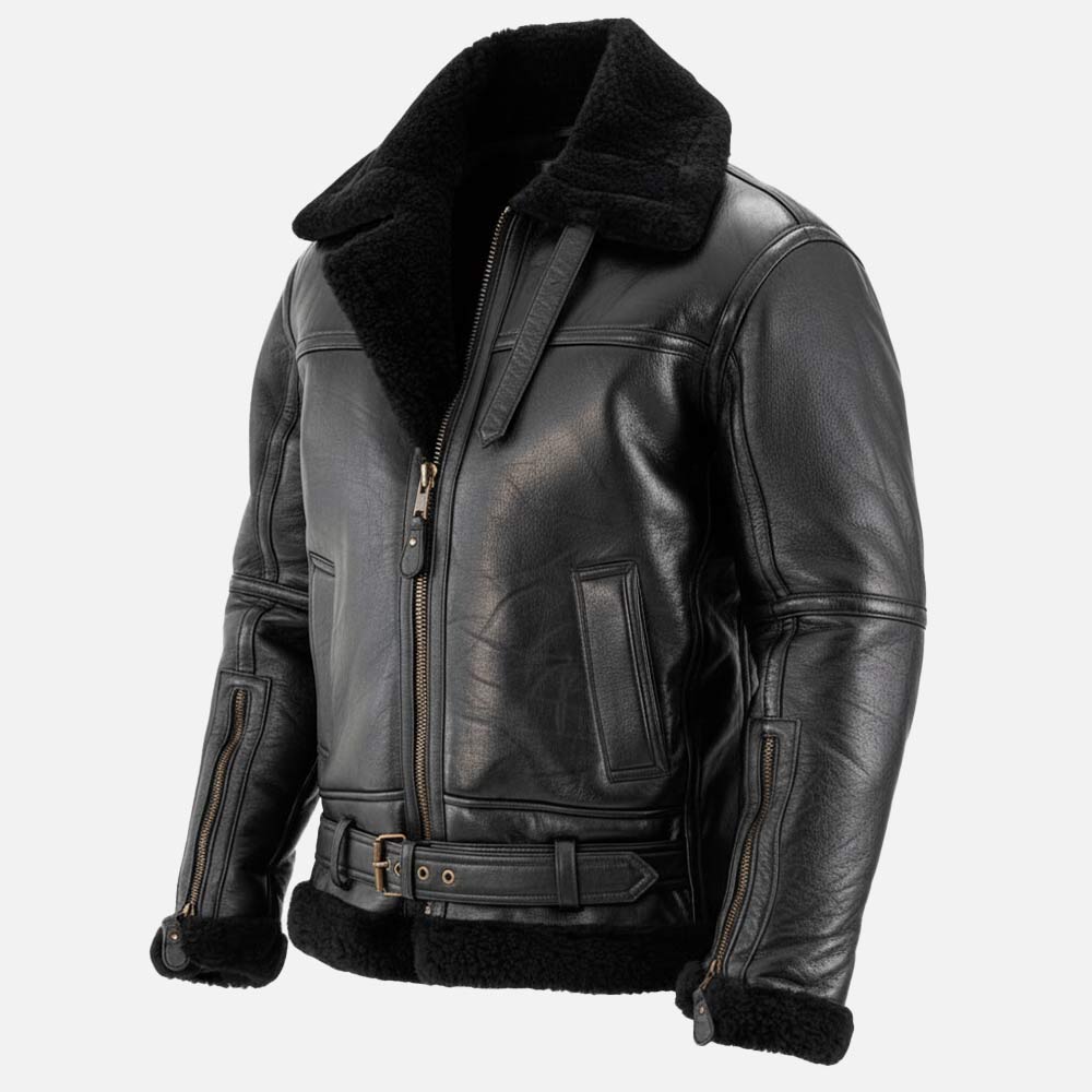 Bormio RAF Black Real Shearling Bomber Jacket