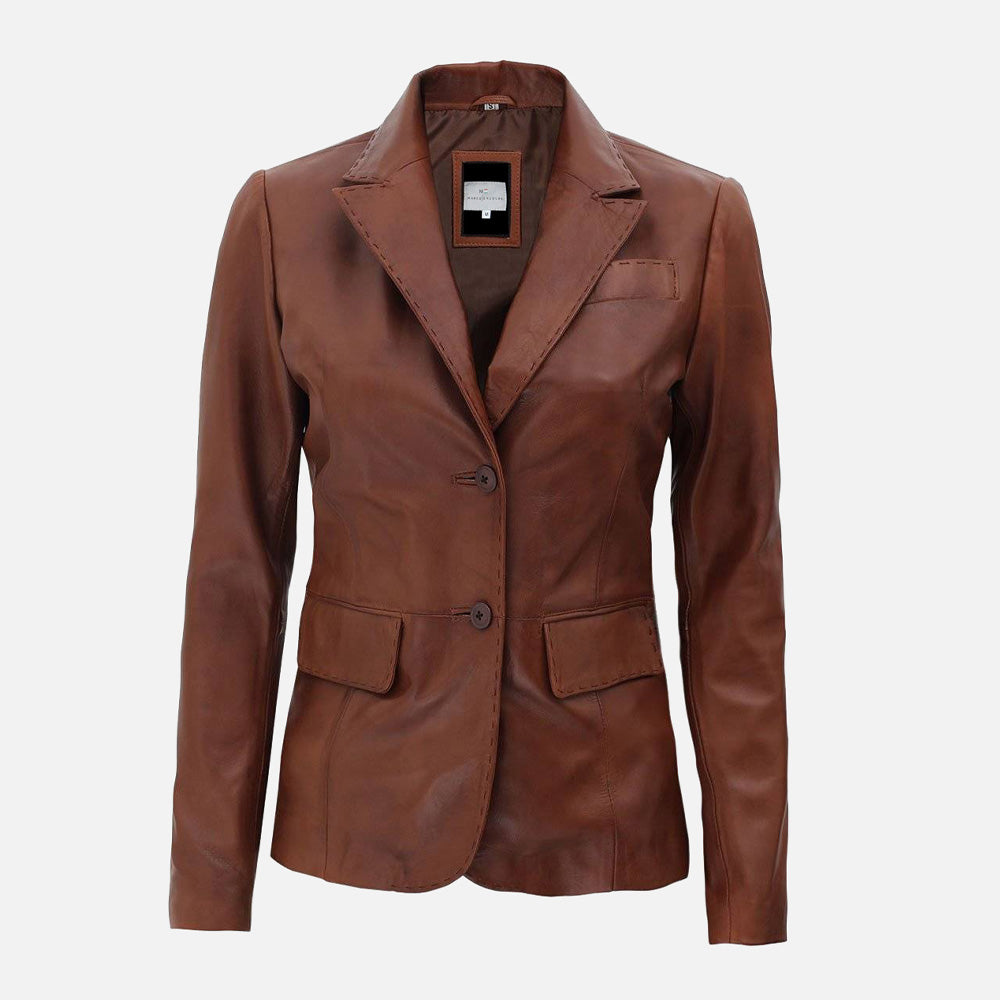 Women’s Two Buttons Real Leather Brown Blazer