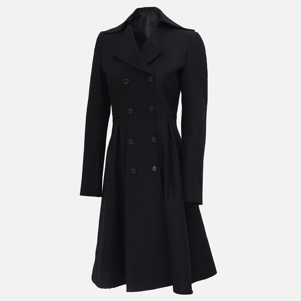 Carol Women Double Breasted Black Wool Coat | Long Wool Trench Coat