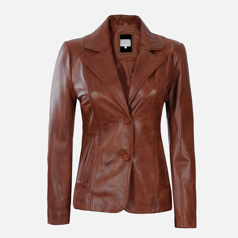 Women’s Cognac Two Buttons Leather Blazer