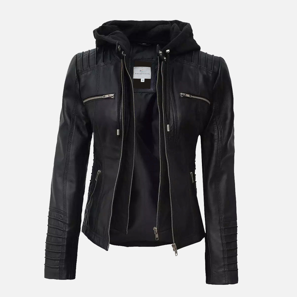 Helen Womens Black Leather Jacket with Removable Hood