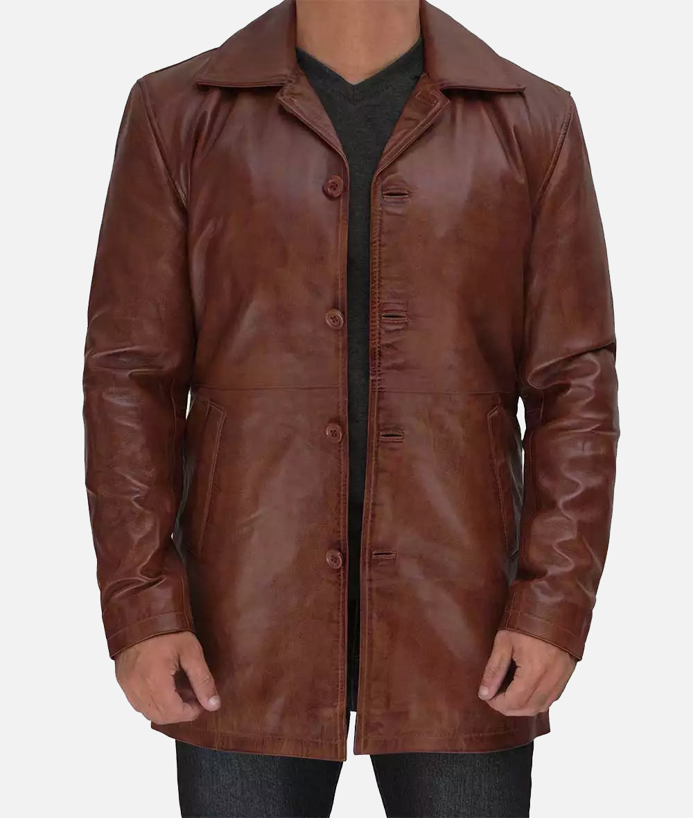 Mens Premium 3/4 Length Distressed Tan Leather Car Coat