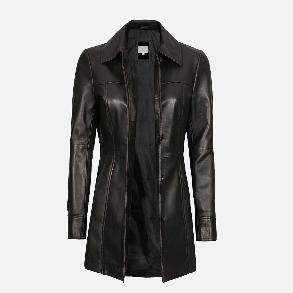 Womens Three Quarter Length Black Leather Coat