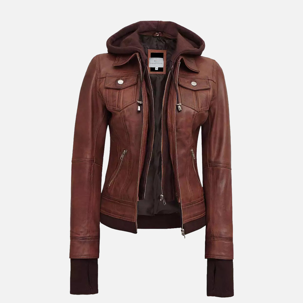 Tralee Women's Dark Brown Bomber Leather Jacket With Removable Hood