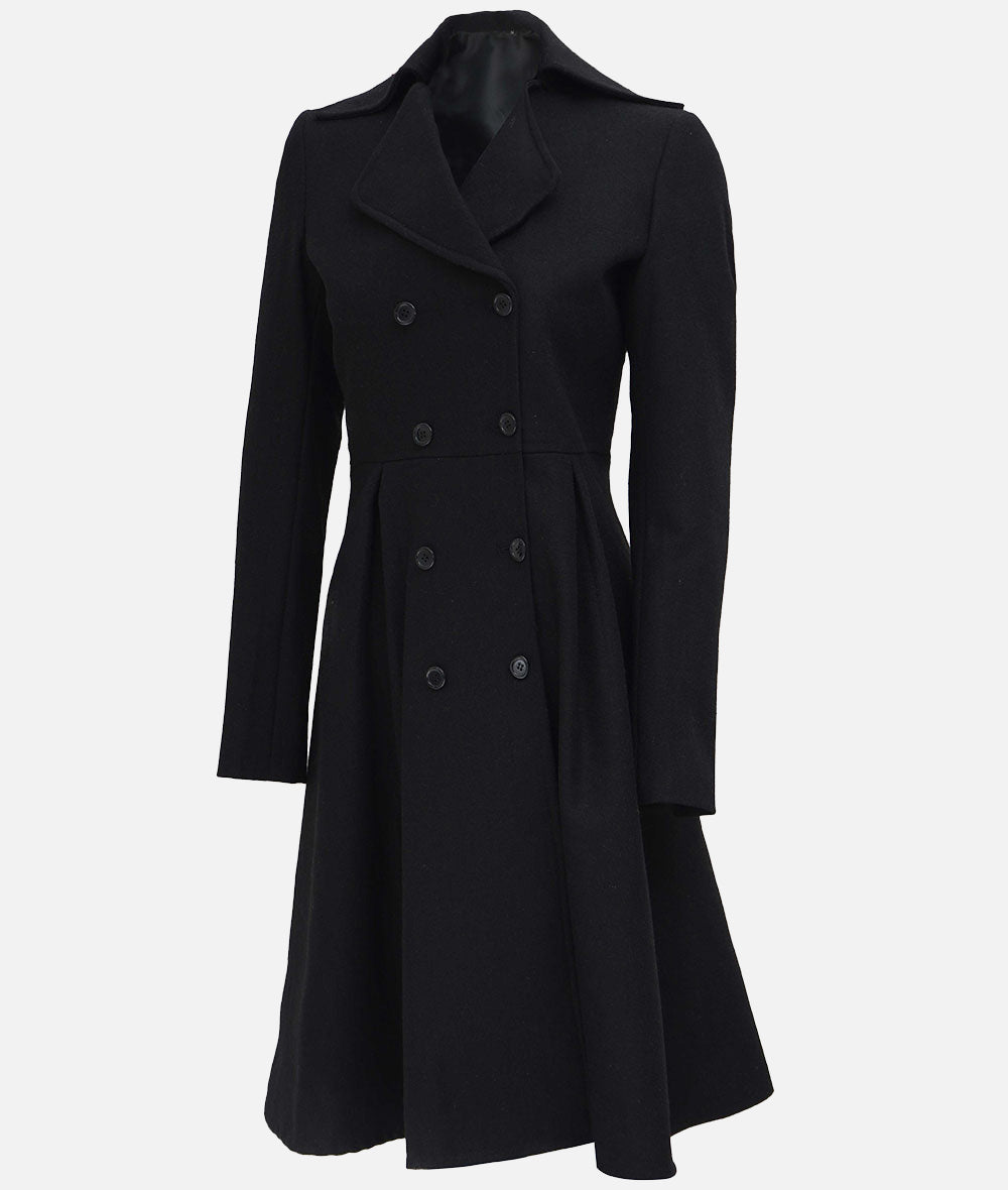 Carol Women Double Breasted Black Wool Coat | Long Wool Trench Coat