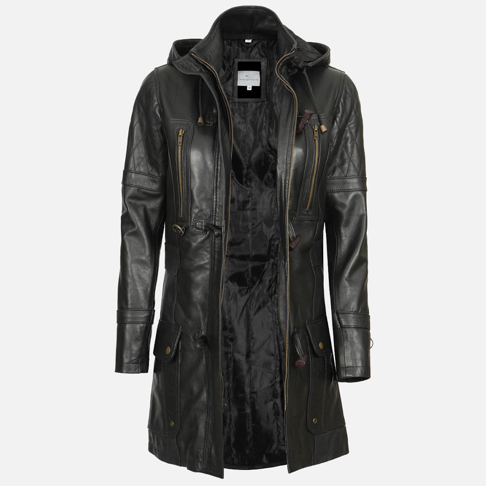 Women’s Black 3/4 Length Leather Coat With Hood