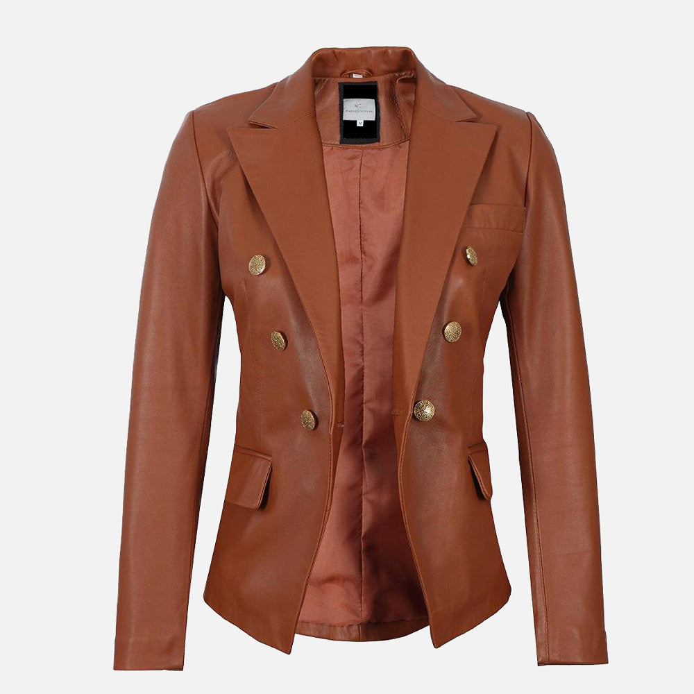 Women’s Kim Double Breasted Cognac Leather Blazer