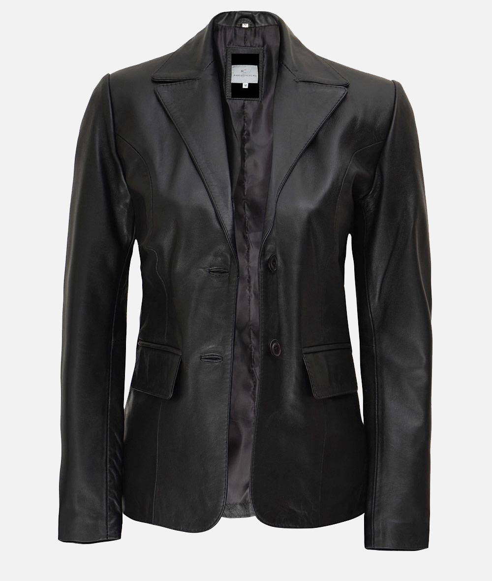 Women’s Classic Two Button Black Leather Blazer