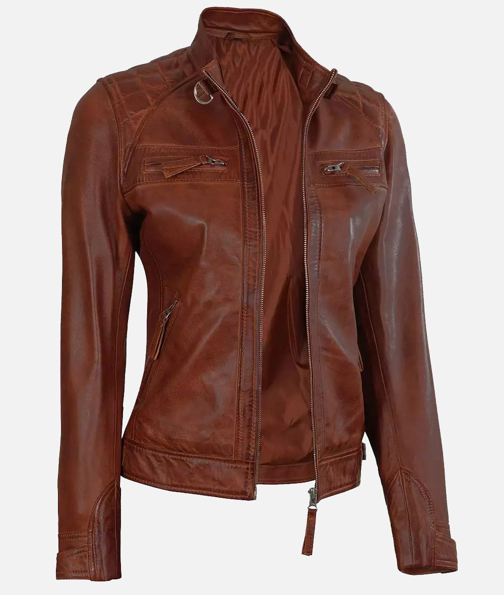 Womens Cognac Leather Biker Jacket With Quilted Shoulder Detailing