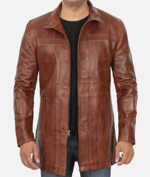 Men’s 3/4 Length Cognac Waxed Leather Coat | Car Coat