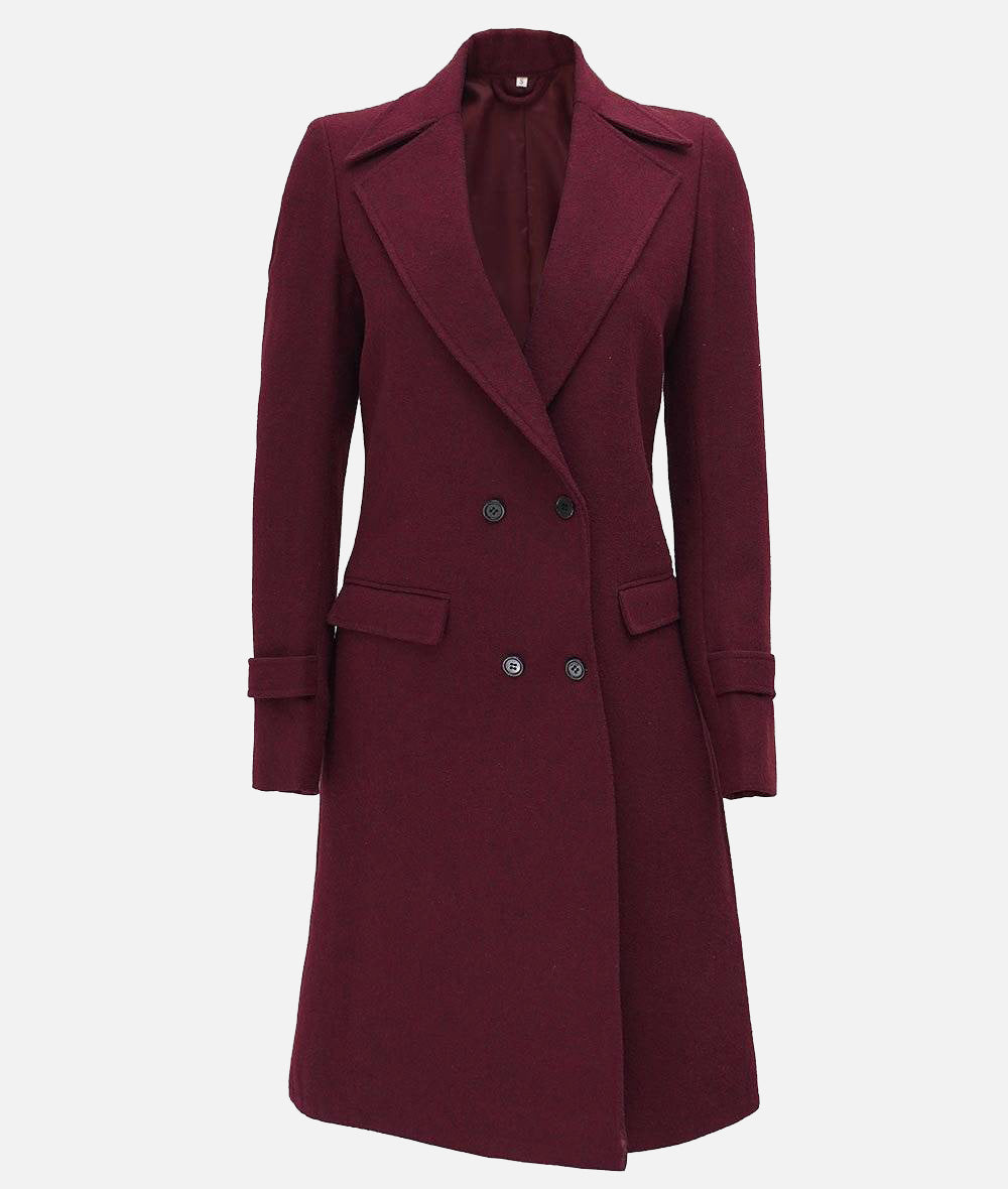 Women’s Double Breasted Maroon Wool Coat | Winter Wrap Long Coat