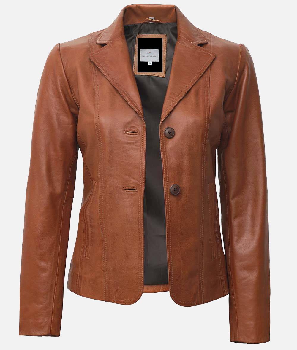 Women’s Two Button Tan Leather Blazer