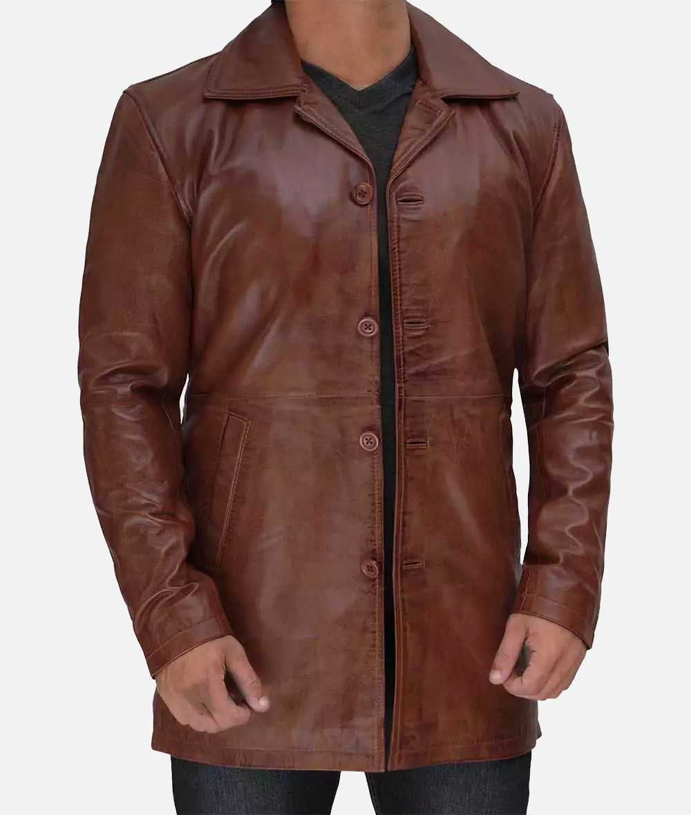 Mens Premium 3/4 Length Distressed Tan Leather Car Coat