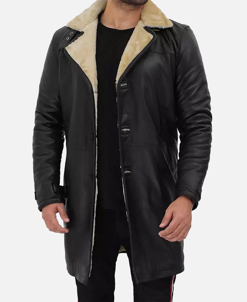 Men's Black 3/4 Length Shearling Leather Coat