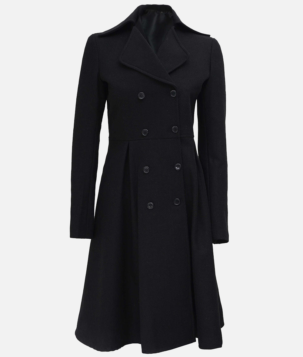 Carol Women Double Breasted Black Wool Coat | Long Wool Trench Coat