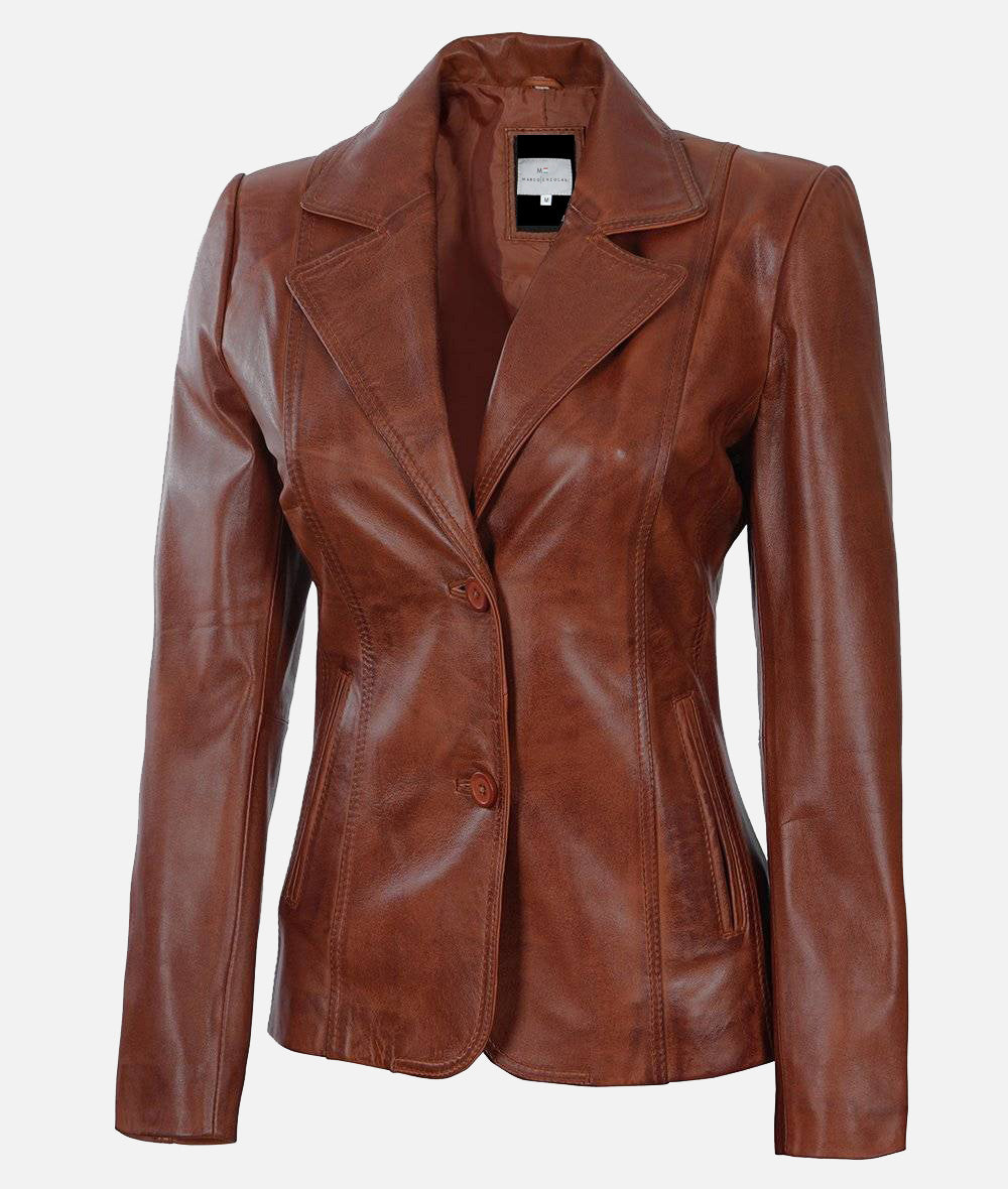 Women’s Cognac Two Buttons Leather Blazer