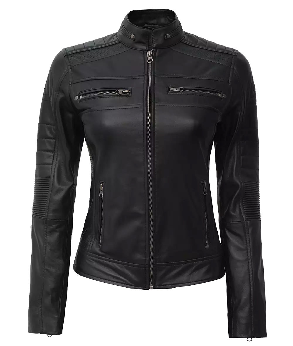 Womens Black Real Leather Cafe Racer Jacket