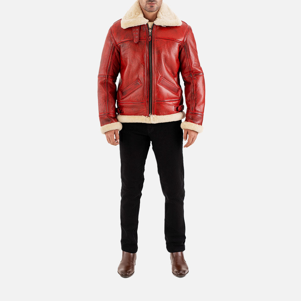 Trentino B3 Waxed Red Real Shearling Bomber Jacket