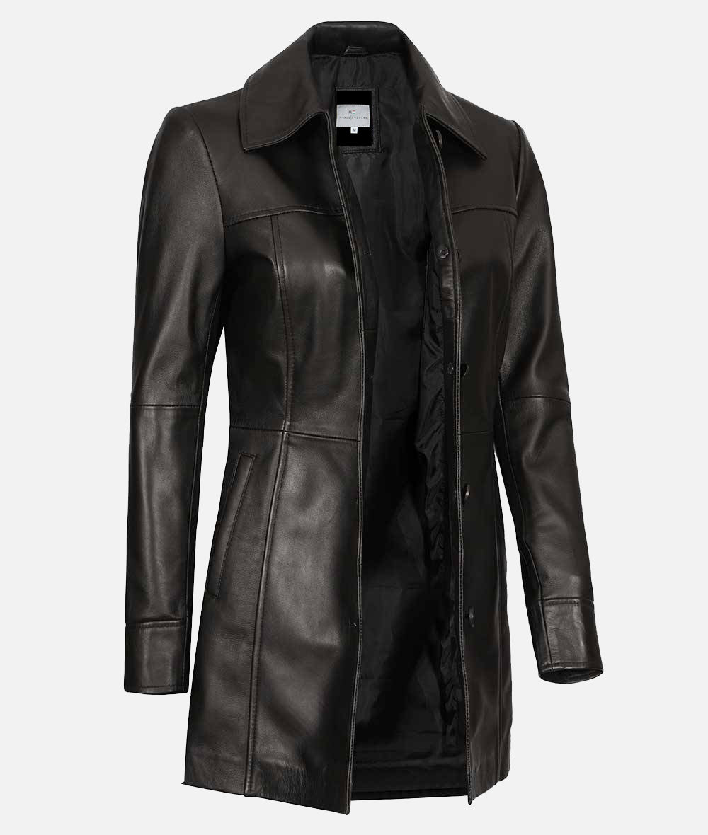 Womens Three Quarter Length Black Leather Coat