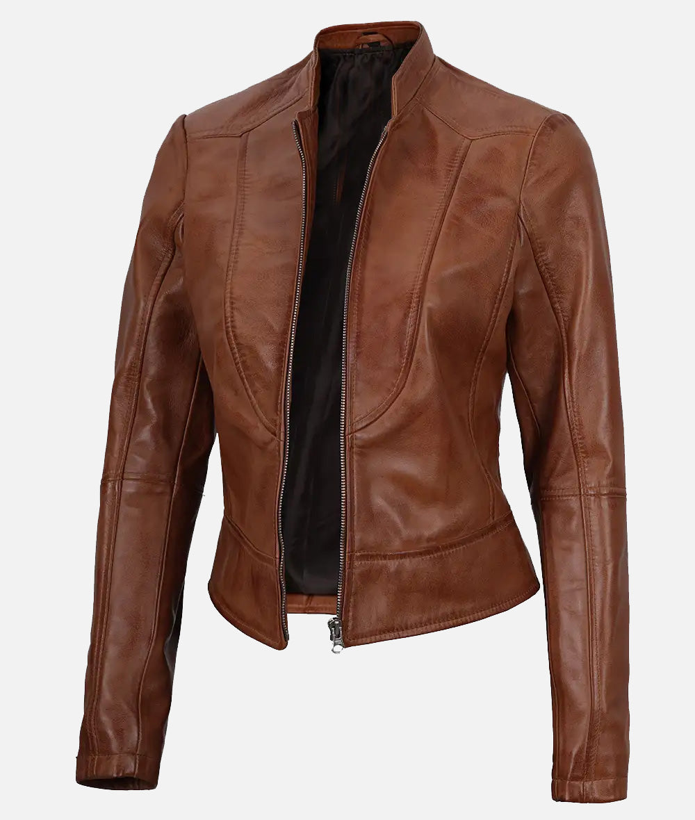 Montana Womens Premium Tan Biker Leather Jacket