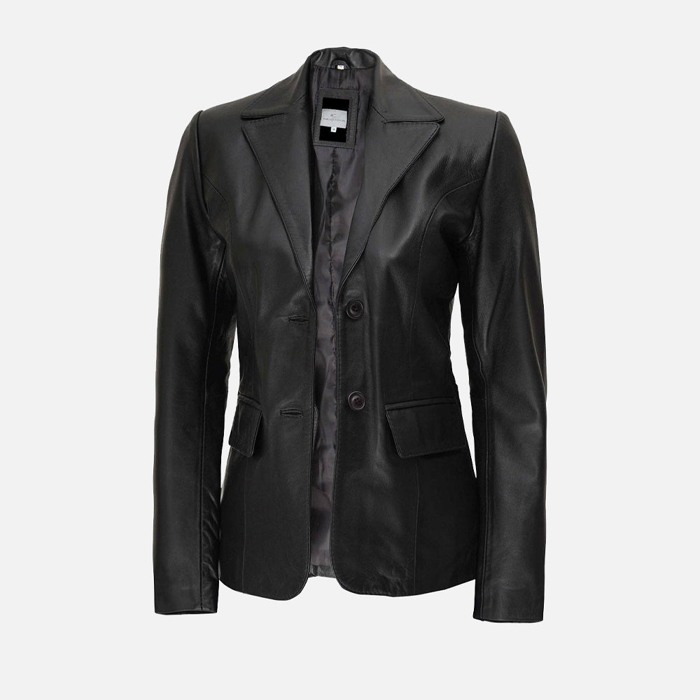 Women’s Classic Two Button Black Leather Blazer