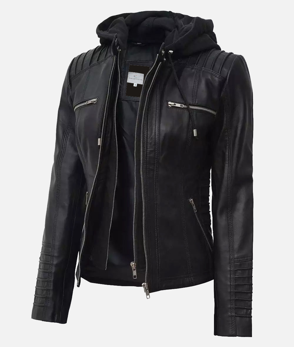 Helen Womens Black Leather Jacket with Removable Hood