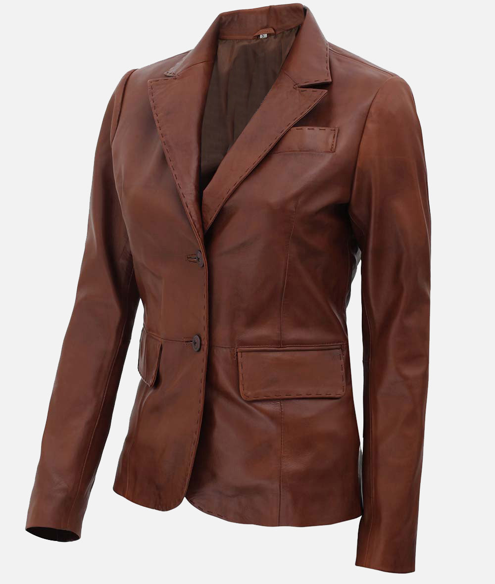 Women’s Two Buttons Real Leather Brown Blazer