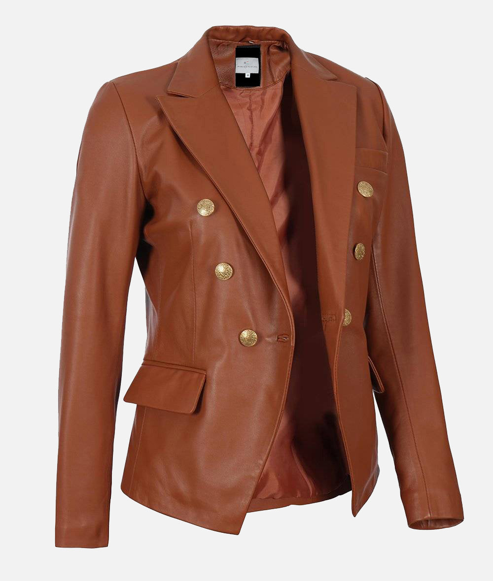 Women’s Kim Double Breasted Cognac Leather Blazer