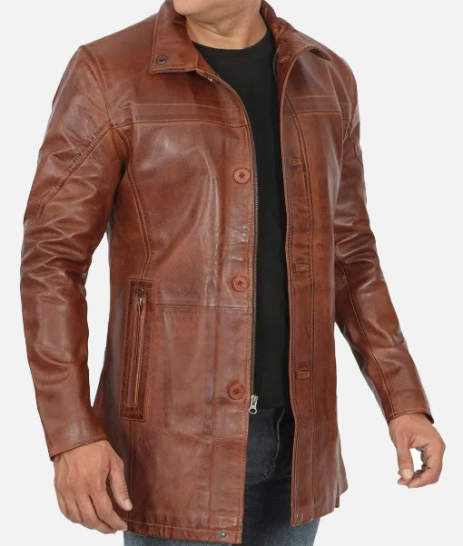 Men’s 3/4 Length Cognac Waxed Leather Coat | Car Coat