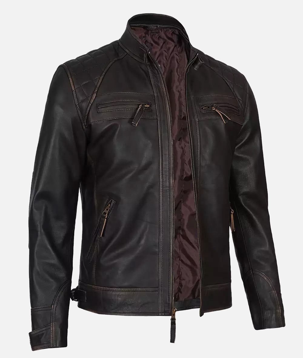 Claude Mens Dark Brown Quilted Biker Leather Jacket