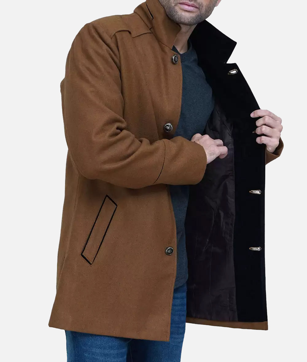 Brown Modern Fit Wool Car Coat - Men's 3/4 Length Coat