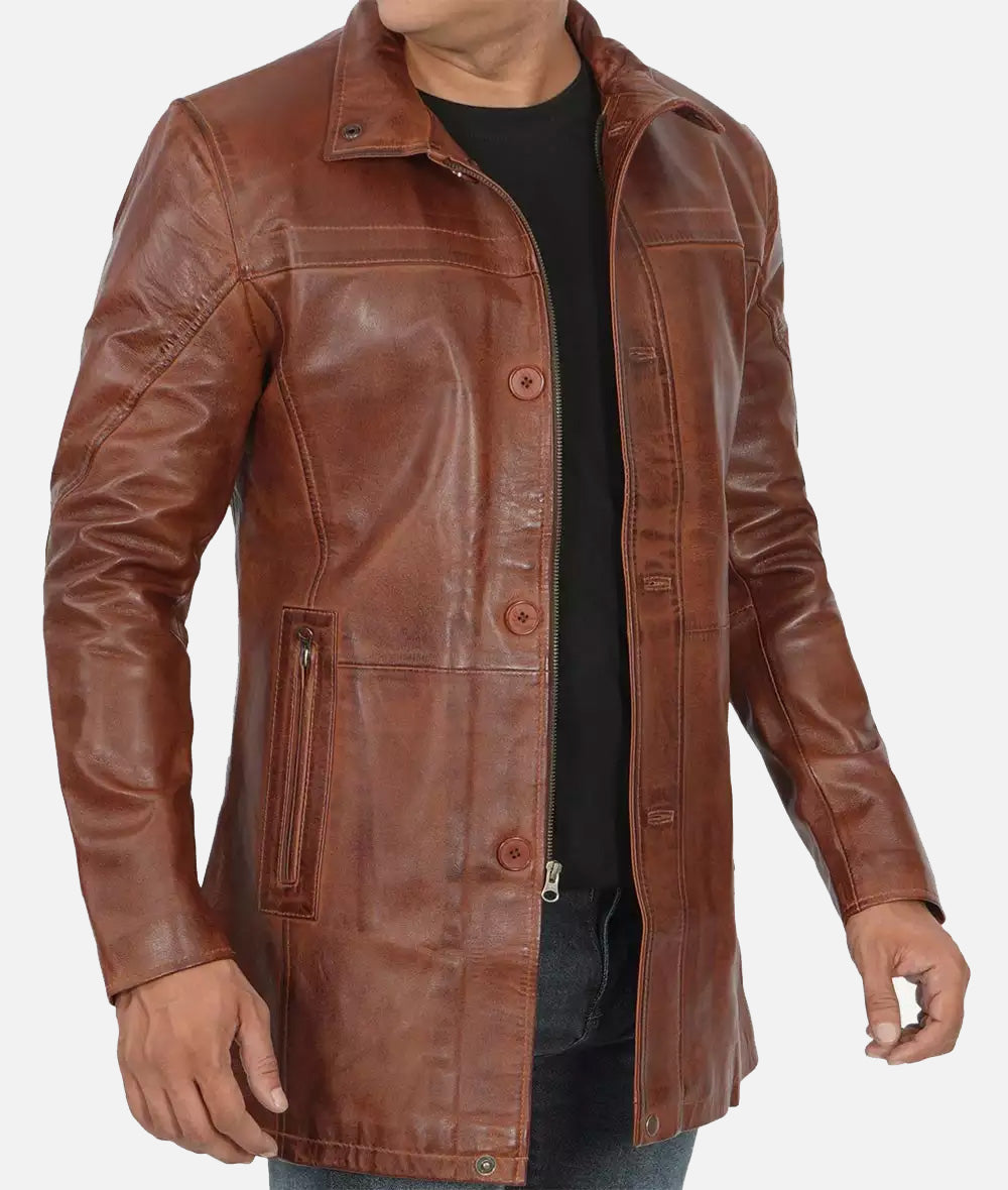 Mens Cognac Waxed Real Leather Car Coat