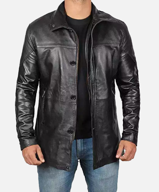 Men's Tall Black Leather Car Coat – 3/4 Length Jacket