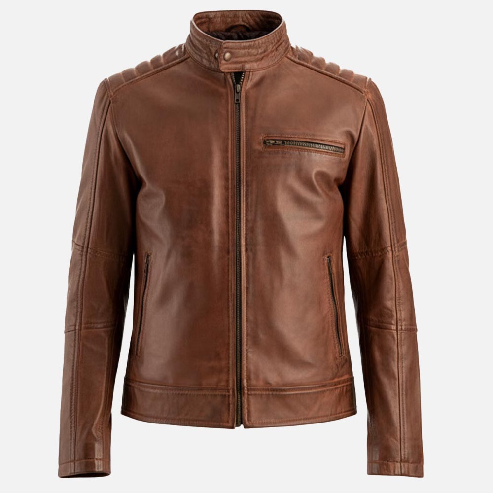 Puglia Tan Waxed Leather Biker Jacket