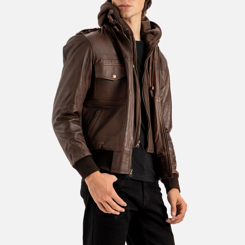 Ischia Brown Waxed Hooded Leather Bomber Jacket