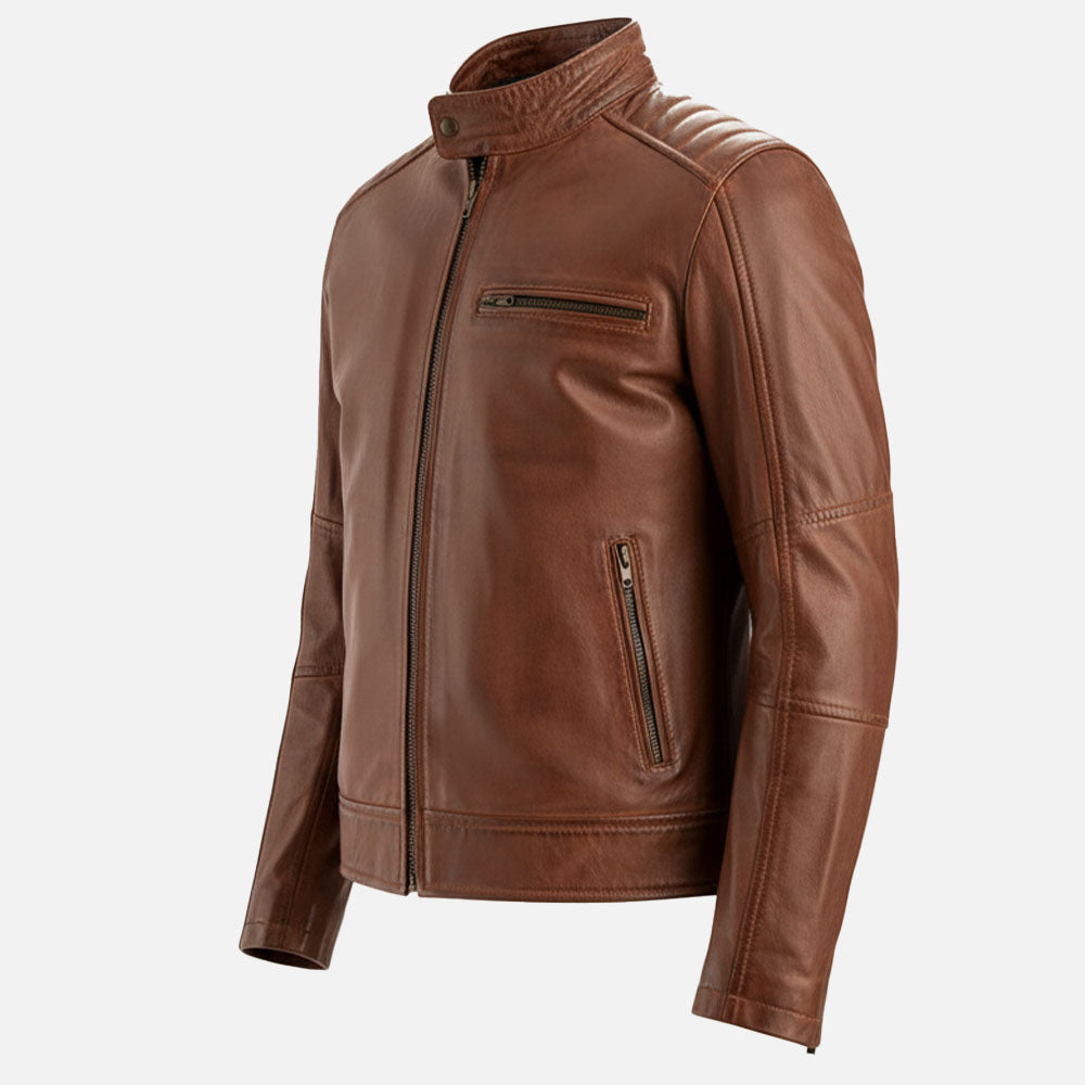 Puglia Tan Waxed Leather Biker Jacket