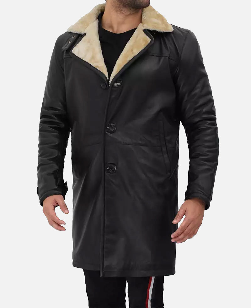 Men's Black 3/4 Length Shearling Leather Coat