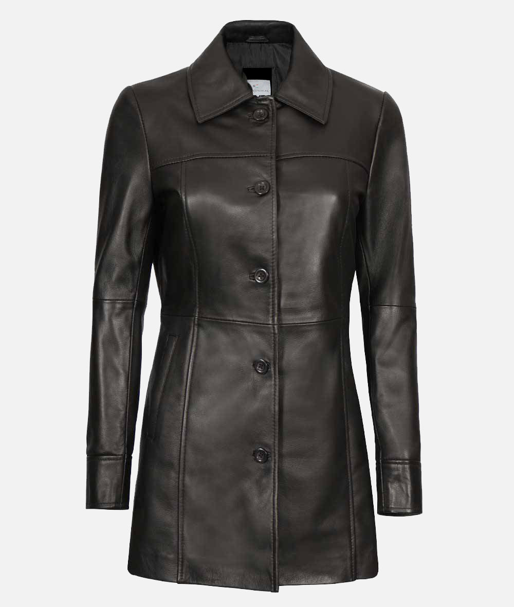 Womens Three Quarter Length Black Leather Coat