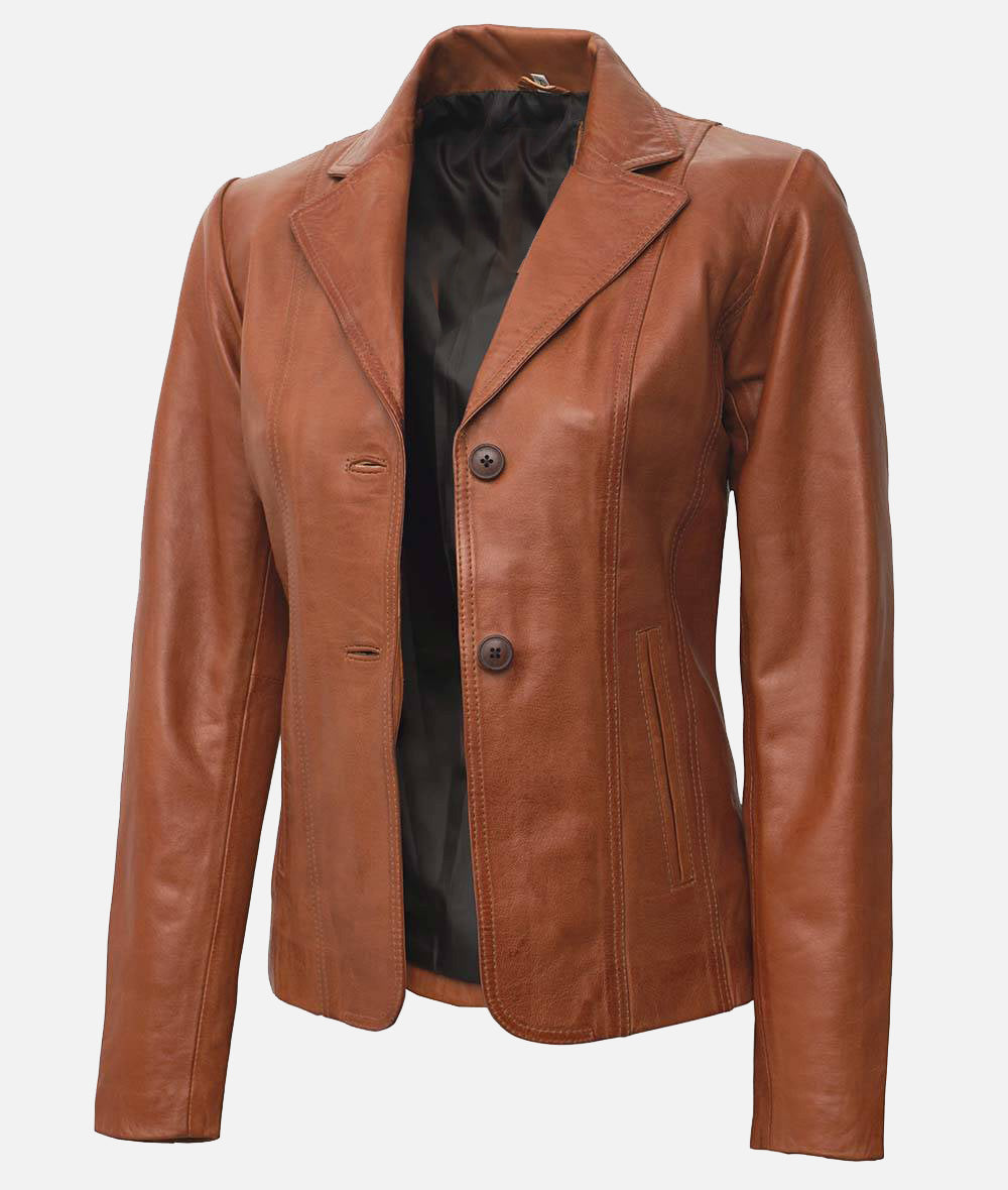 Women’s Two Button Tan Leather Blazer