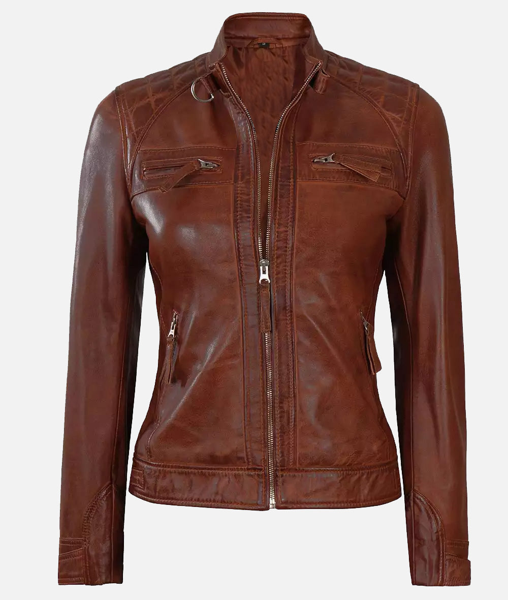 Womens Cognac Leather Biker Jacket With Quilted Shoulder Detailing