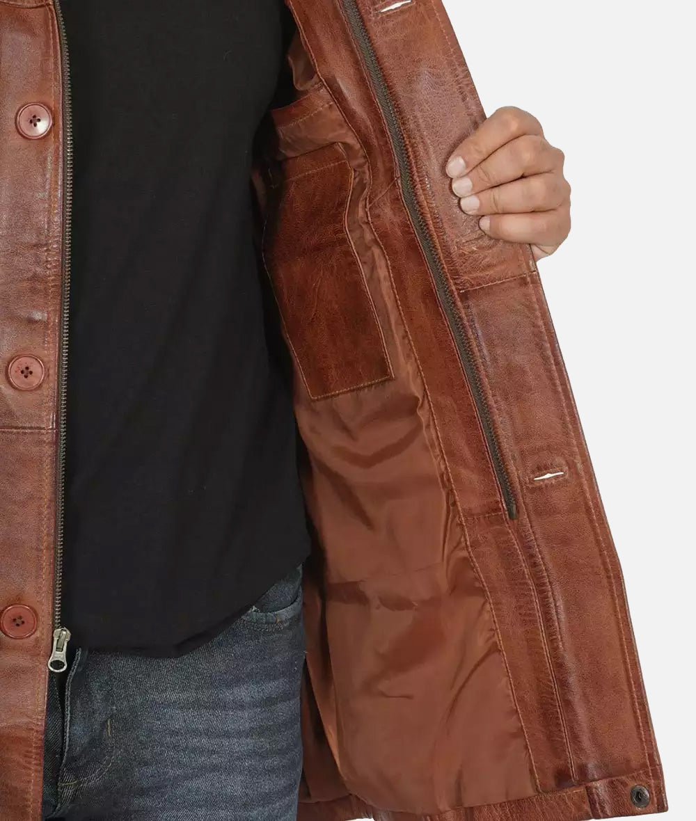 Mens Cognac Waxed Real Leather Car Coat