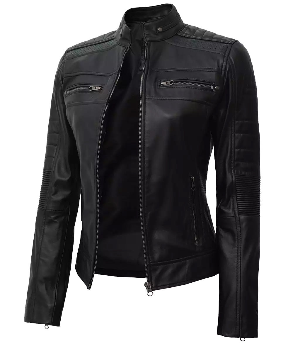Womens Black Real Leather Cafe Racer Jacket