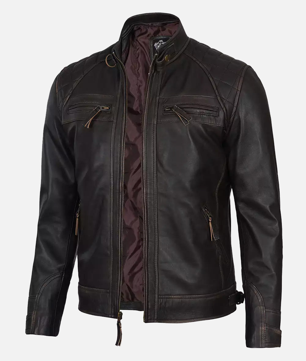 Claude Mens Dark Brown Quilted Biker Leather Jacket