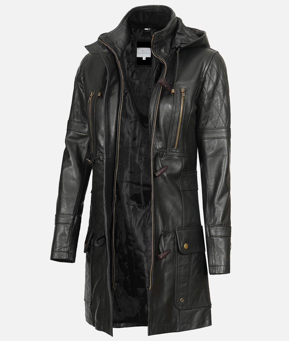 Women’s Black 3/4 Length Leather Coat With Hood