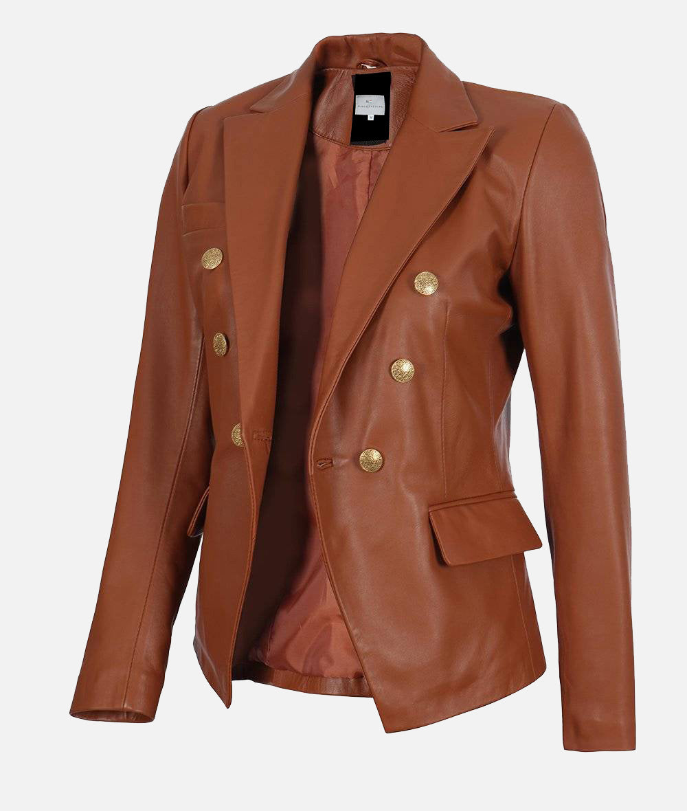 Women’s Kim Double Breasted Cognac Leather Blazer