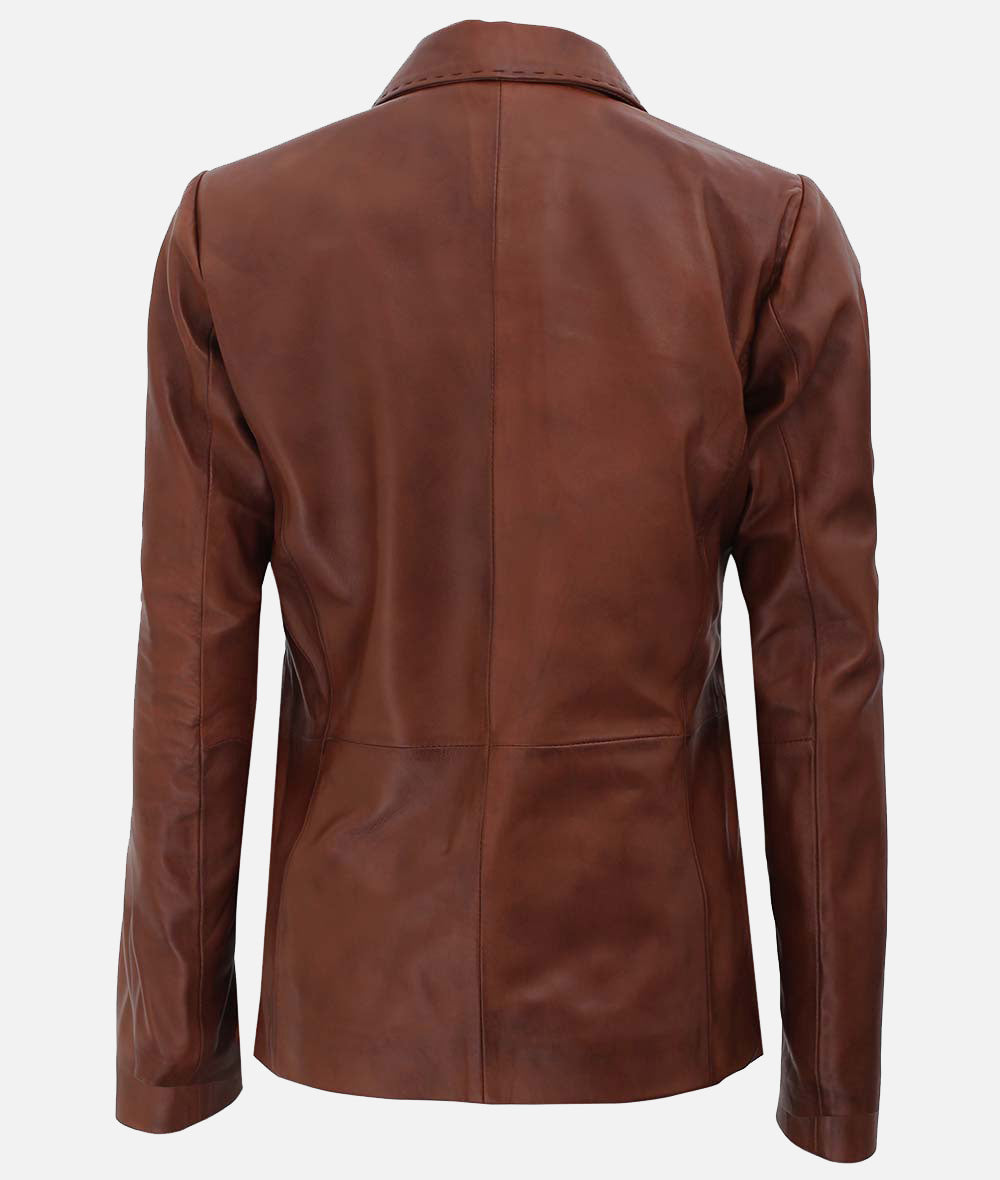 Women’s Two Buttons Real Leather Brown Blazer